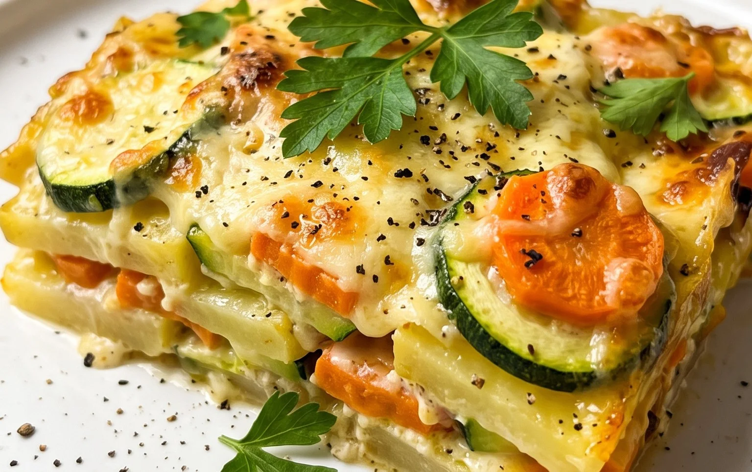 Vegetarischer Kartoffelauflauf mit Zucchini und Karotten