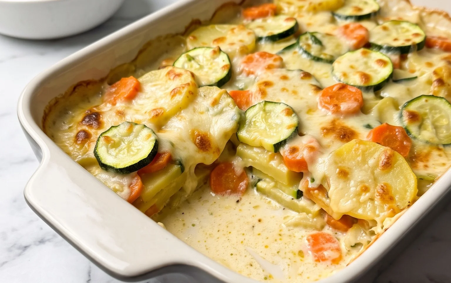 Vegetarischer Kartoffelauflauf: Zucchini & Karotten cremig