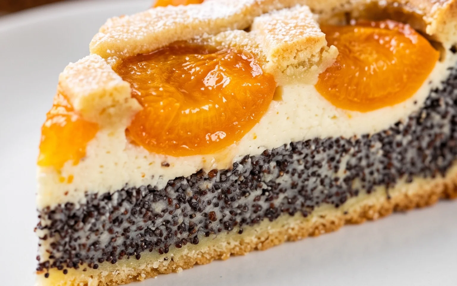 Mohn-Topfengitter-Kuchen mit Marillen